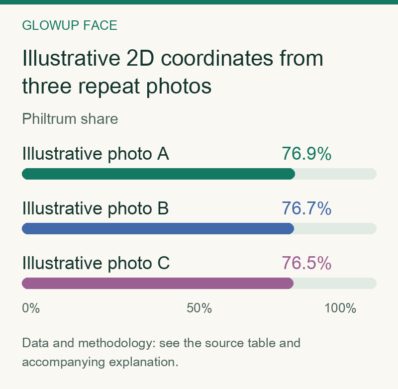 Illustrative 2D coordinates from three repeat photos: Philtrum share