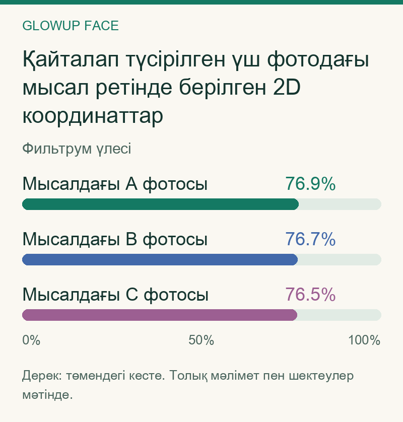 Қайталап түсірілген үш фотодағы мысал ретінде берілген 2D координаттар: Фильтрум үлесі