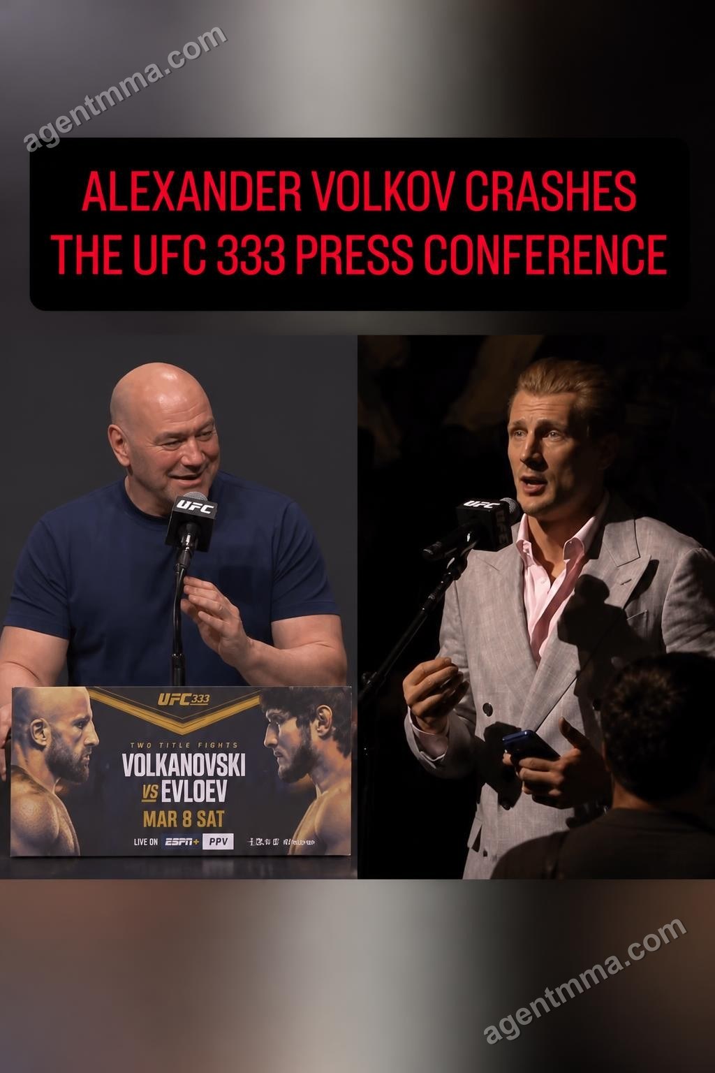 Alexander Volkov presse Dana White pour un combat pour le titre lors de la conférence de presse de l'UFC 333