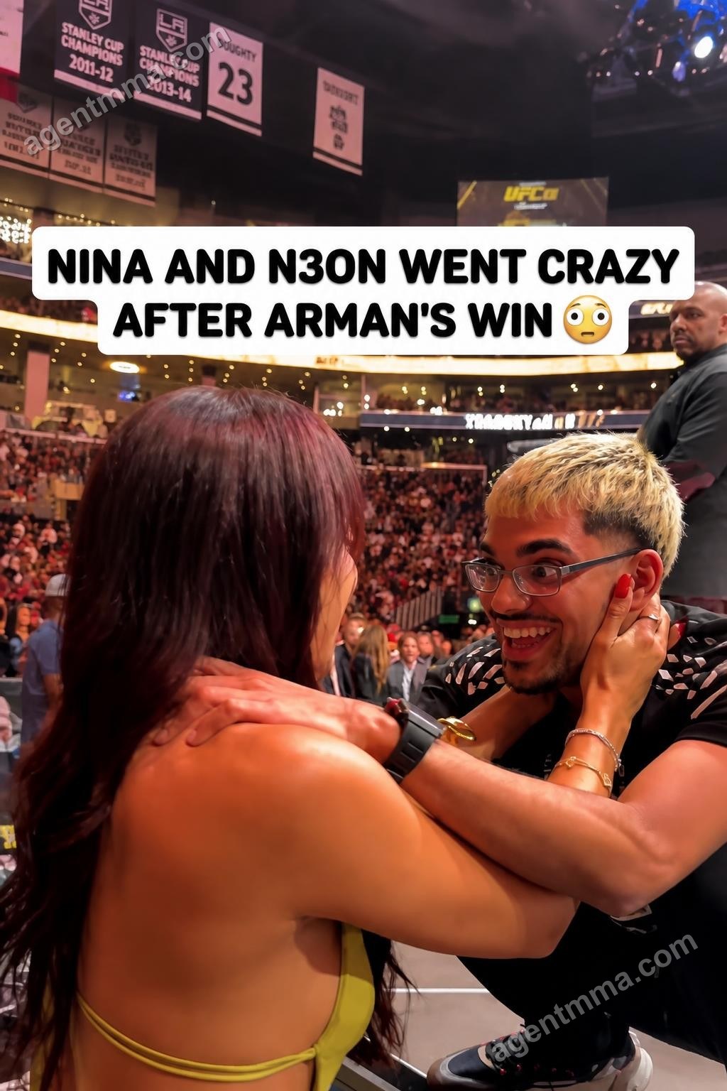 Arman Tsarukyan noquea a Mauricio Ruffy en UFC 331, celebra con su equipo y aficionados cageside